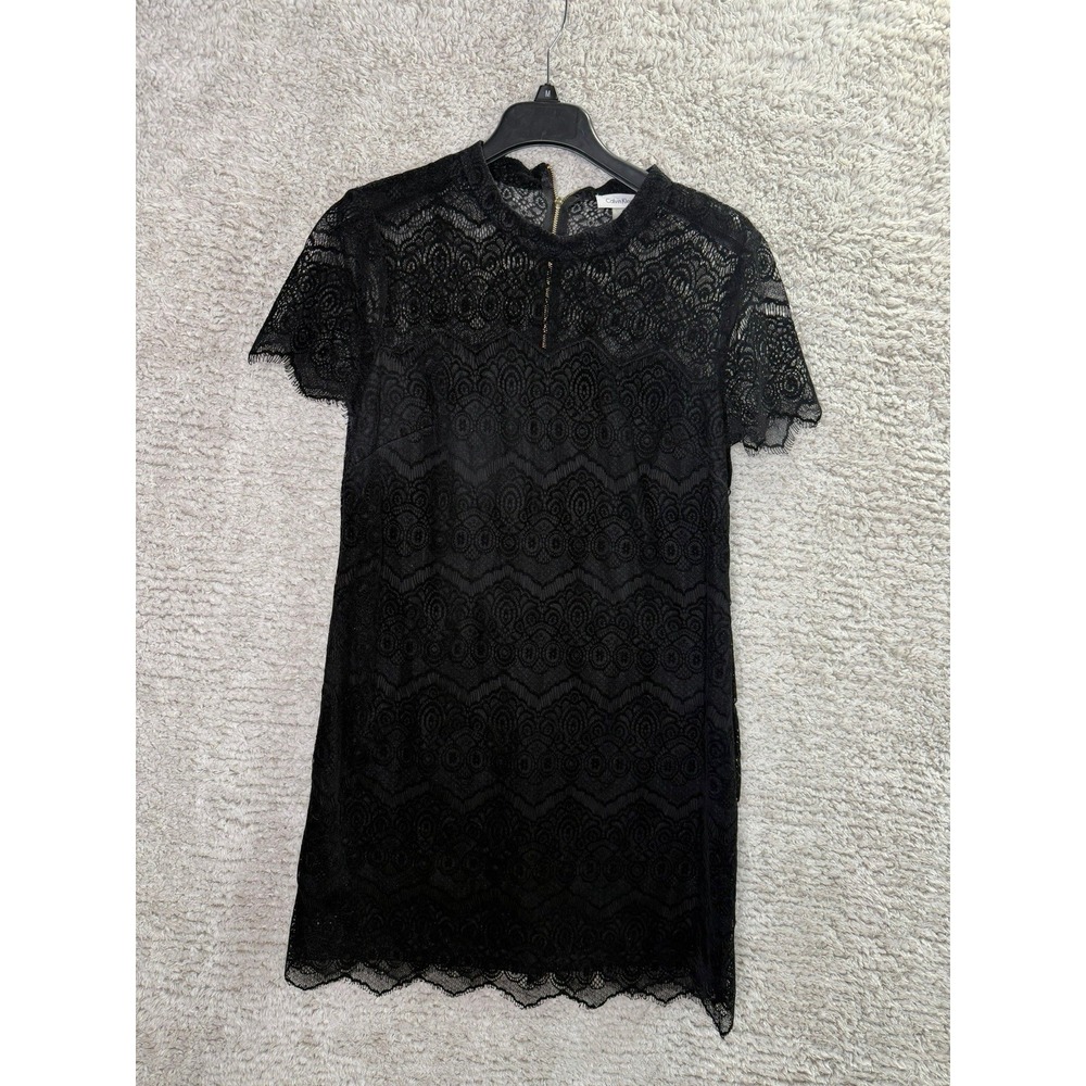 Calvin Klein Dress Women's PL Black Floral Lace Crew Neck Short Sleeve Lined Zip